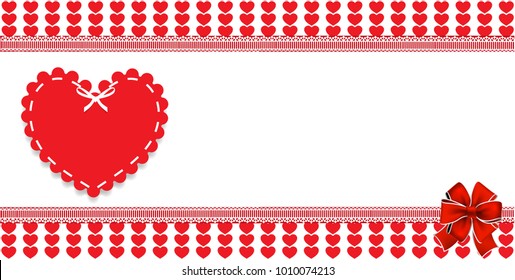 Valentine's or wedding love template with  space for text and wrapped heart stamp with bow on red and white striped hearts background framed with lace. Abstract design element . Vector border, frame.