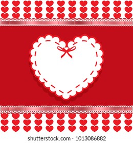 Valentine's or wedding love template with  space for text and wrapped heart stamp with bow on red and white striped hearts background framed with lace. Vector abstract design element, border, frame.