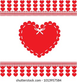 Valentine's or wedding love template with  space for text and wrapped heart stamp with bow on red and white striped hearts background framed with lace. Vector invitation, border, frame, greeting card.