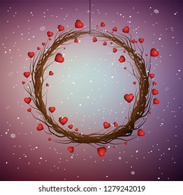 valentine`s winter wreath, tree brenches with red hearts creating the wreath, vector