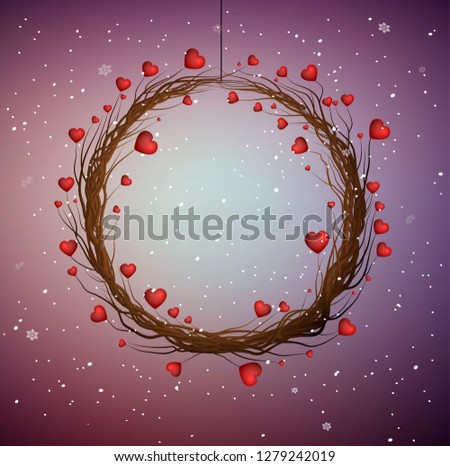 valentine`s winter wreath, tree brenches with red hearts creating the wreath, vector