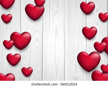 Valentine's wooden love background with pink 3d hearts. Vector illustration.

