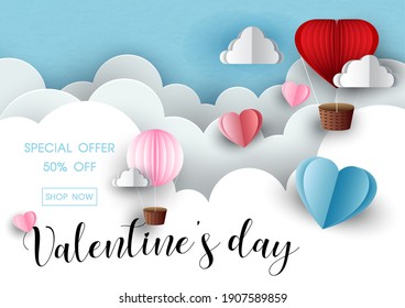 Valentine's Wording Sale With Balloon And Hearts On White Layers Could And Blue Paper Pattern Background. Valentine Greeting Card In Sale Banner Paper Cut Style And Vector Design.