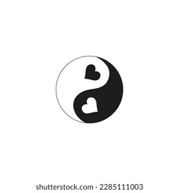 Valentines Yin Yang symbol with heart elements. Black and white vector illustration isolated on white.