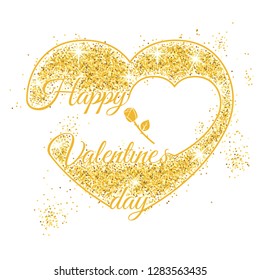 Valentinesday background lettering, heart and rose. Happy Valentine's Day card. Vector illustration. Gold dust with sparkles. Glossy template for holiday.