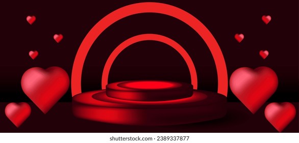 Valentines's day 3d Podium with red Neon arch and heart. Business scene with empty Cylinder. Vector illustration can used web banner, promo advertising.