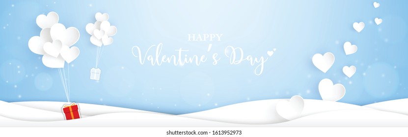 Valentines's Day background with heart balloon of gift box in paper cut style. Horizontal background use for wallpaper, invitation, posters, banners, headers, website, greeting cards