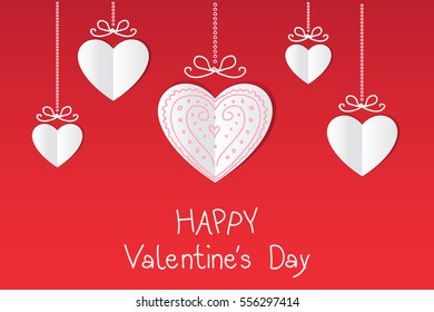 Valentines's Day card with hanging paper hearts on red background. Vector illustration.