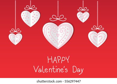 Valentines's Day card with hanging paper hearts on red background. Vector illustration.