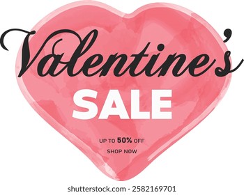 Valentines's day promotional label template with watercolor hand drawn pink heart.Valentine's day sale offer text design for promotion and advertising,for business  and holiday shopping.Vector design