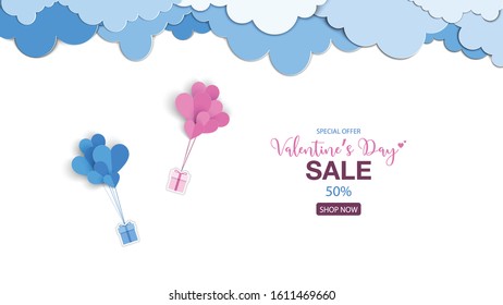 Valentines's Day sale special offers background with heart balloon of gift box and clouds in paper cut style. use for invitation, posters, banners, website, greeting cards