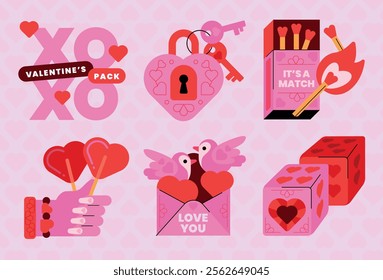 Valentine's-themed illustration pack featuring elements such as a heart-shaped lock and keys, matches, candy hearts, lovebirds, envelopes, and dice in pink and red tones.