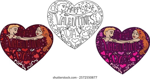 Valentine's-themed vector set features two heart-shaped illustrations. A man and woman embrace within the heart, surrounded by romantic symbols like hearts, flowers