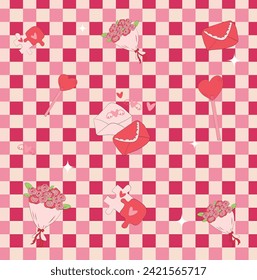 Valentine-themed checkered background with Valentine's elements