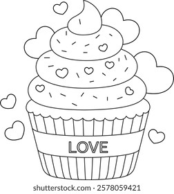 Valentine-themed cupcake, valentine's day coloring page for kids