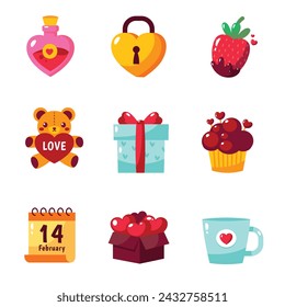 Valentine-themed icons featuring love symbols like a heart-shaped lock, strawberry, teddy bear with a love sign, a gift box, a cupcake with hearts, a calendar marking February 14th, and a love mug