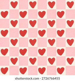 Patrón de rejilla de corazón sin fisuras con bloques de color rosa pastel e ilustración de corazón rojo. Ideal para marcas románticas, impresiones textiles, empaques, diseños de bodas, papel digital, pegatinas de planificador y elementos visuales modernos con temas de amor.