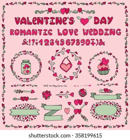 Valentine,wedding day decoration.Vector Romantic decor,heart elements.Hand drawn labels,ribbon,arrows,wreath frame,lettering headline,brushes.Doodle   Decorative vector.Retro,vintage isolated symbols