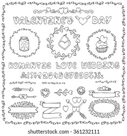 Valentine,wedding day decoration.Vector Romantic decor,heart elements.Hand drawn labels,ribbon,arrows,wreath frame,lettering headline,brushes.Doodle   Decorative vector.Retro,vintage isolated symbols