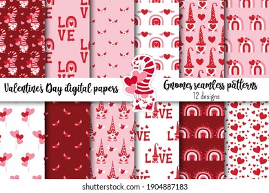 Colección de patrones sin fisuras del día de San Valentín con adorables Gnomes, arcos de lluvia, corazones, palabras de amor con fondo rojo, rosa o blanco. Se prepararon doce periódicos digitales. Ilustración vectorial plana.