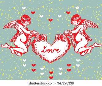 Valentin's Angels with Heart. Graffiti Retro Style.