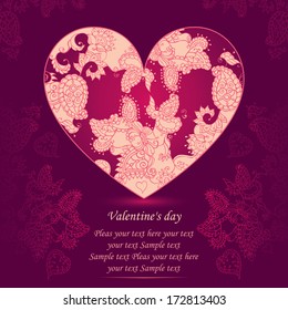 Valentin`s Day card. Heart with floral patterns.