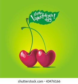 Valentin`s Day card with two cherries in the form of heart