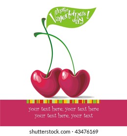 Valentin`s Day card with two cherries in the form of heart