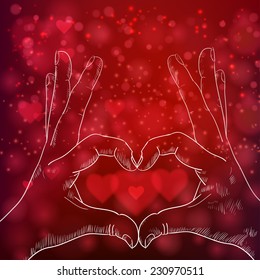 Valentin's day glowing background with Hands making heart sign, Vector sketch 