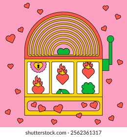 Valentins day. Groovy greeting card Y2k with love machine. Retro gambling aesthetics. Trendy Flat design. Love design elements. Big slot machine with hearts. Vibrant colors. Simple shapes, retro vibe