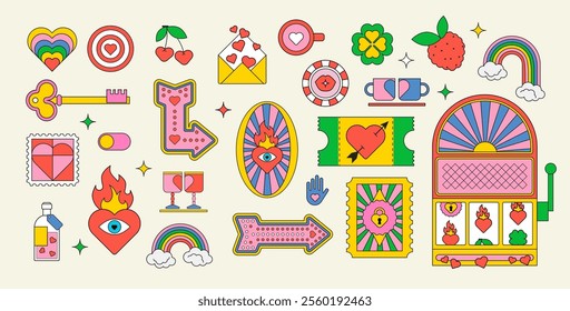 Valentins day. Groovy stickers Y2k. Retro gambling and Cult aesthetics. Trendy Flat design. Love design elements. Big vector set with hearts. Groovy style. Vibrant colors. Simple shapes, retro vibes