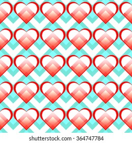 Valentin's day hearts seamless pattern on a blue geometric print. Vector funny invitation print with hearts and zig zag stripes.