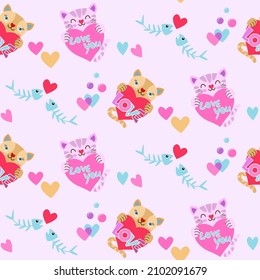 Patrón sin foco del Día de San Valentín con forma de corazón y lindo gato.