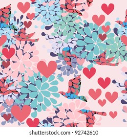Valentin`s Day texture with birds and hearts