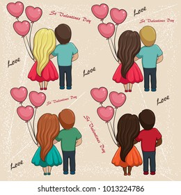 Valentin`s vector card with hearts, boy, girl