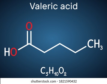 Valeric acid, pentanoic acid or valerate molecule. Structural chemical formula on the dark blue background. Vector illustration