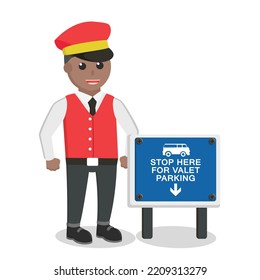 valet african standing beside sign design character on white background
