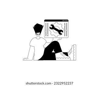 The valet is holding a browser with setting and repair video . subscribe theme . blacken and White telephone line artwork. Trendy style, Vector Illustration