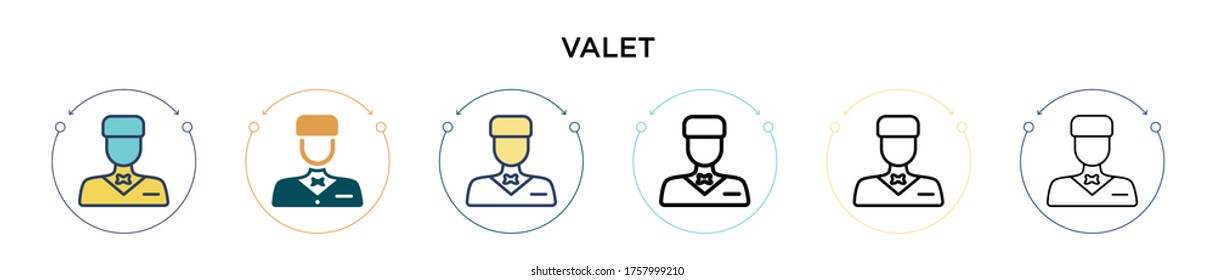 Valet icon in filled, thin line, outline and stroke style. Vector illustration of two colored and black valet vector icons designs can be used for mobile, ui, web