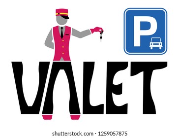Valet logo design and valet silhouette with Parking sign. All the objects are in different layers and the text types do not need any font. 