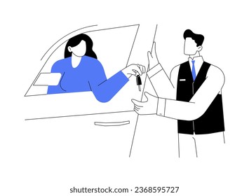 Valet parking service abstract concept vector illustration. Hotel valet receives keys from the clients car, professional people, hospitality business, travel service abstract metaphor.