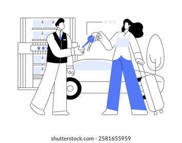 Valet parking service isolated cartoon vector illustrations. Hotel valet receives keys from the clients car, professional people, hospitality business, travel service vector cartoon.