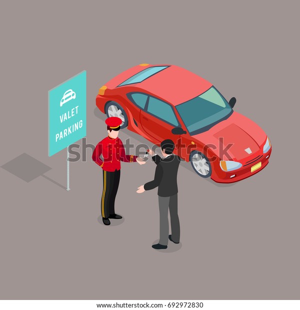 Valet\
parking sign composition with isometric car image and male guest\
giving keys to valet character vector\
illustration