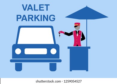 Valet parking signboard desing with valet table and umbrella. All the objects are in different layers and the text types do not need any font. 