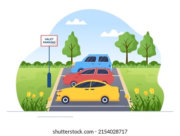 Valet Parking with Ticket Image and Multiple Cars on Public Car Park in Flat Background Cartoon Illustration