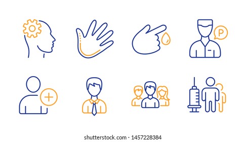 Valet servant, Engineering and Teamwork line icons set. Businessman, Add user and Hand signs. Blood donation, Medical vaccination symbols. Parking man, Cogwheel head. People set. Vector