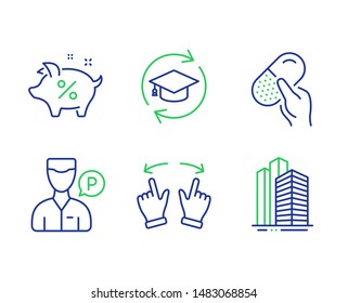 Valet servant, Move gesture and Continuing education line icons set. Loan percent, Capsule pill and Skyscraper buildings signs. Parking man, Swipe, Online education. Piggy bank. Business set. Vector
