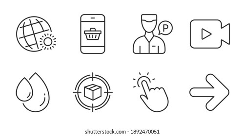 Valet servant, Next and Smartphone buying line icons set. Touchpoint, World weather and Video camera signs. Parcel tracking, Oil drop symbols. Parking man, Forward, Website shopping. Vector