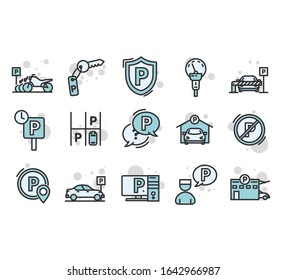 Valet servant and Paid transport parking icons. Car transport park place linear icon set. Quality line set. Vector
