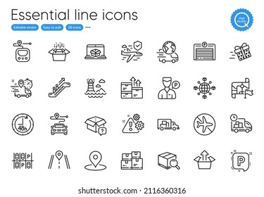 Valet servant, Present delivery and Lighthouse line icons. Collection of Packing boxes, Destination flag, 48 hours icons. Flight insurance, Flight mode, Send box web elements. Metro. Vector